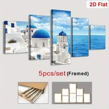 2D Flat, 5pcs Santorini & Blue Ocean Seagull Framed Canvas Art Set, White & Blue Aegean Sea Canvas Prints Wall Art, Modern Coastal Style Wall Decor, Suitable For Living Room, Bedroom, Office, Framed Landscape Painting, Ideal Holiday Gift, Coastal Home Decor - Multicolor - View 10