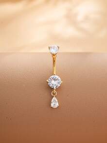 1pc Stainless Steel Deer Antler Navel Ring With Large Zirconia & Small Water Drop Pendant, Cute Piercing Jewelry For Daily Wear