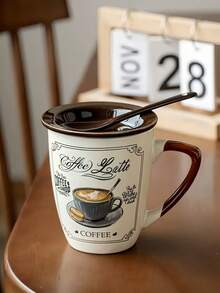 1个带盖勺子的陶瓷咖啡杯，适用于拿铁、摩卡、卡布奇诺等咖啡，复古美式咖啡拿铁杯，法式复古早餐牛奶燕麦杯，适用于餐厅、客厅、咖啡馆等场所。 - 彩色 - 查看 10