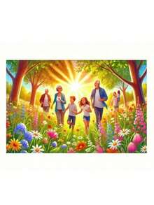 1件装涤纶家庭花园派对背景布，适用于生日、周年纪念、斋月和复活节庆祝活动、春夏装饰、拍照道具、节日活动配件 | 家庭主题背景 | 彩色面料设计，夏季派对 - 彩色 - 查看 3