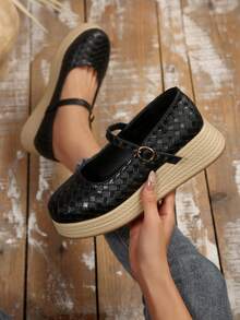 Neue Mode im Frühling, vielseitige Plateau-Keilschuhe, elegante Riemen, flache Lässig Slip-On - Schwarz - Übersicht 2