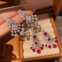 1 Pair Creative Fashion Super Shiny Red  Rhombus Earrings Vintage Court Style Luxurious Elegant High-End Women's Earrings Suitable For Women's Parties Banquets Festivals - 紅色 - 查看 3