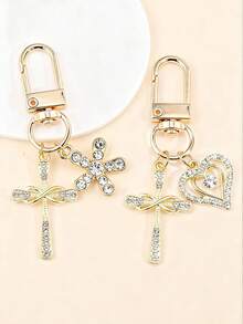 1pc Women's Minimalist Rhinestone Cross & Heart Pendant Keychain, Elegant Feng Shui Diamond Heart Delicate Gift, Earphone Case Keyring Accessory - Gold - View 2