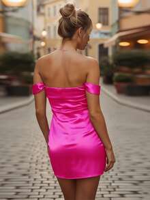 Women Mini Dress Sleeveless Off-Shoulder Dress Pleated Solid Summer Cocktail Dress - Hot Pink - View 4