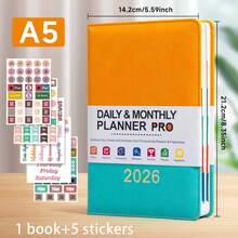 2026 年新日历日志自律签到时间管理一页一天 365 天计划书附带 5 个计划贴纸 A5 计划笔记本学习入门礼物适合工作和学习、学校用品、返校