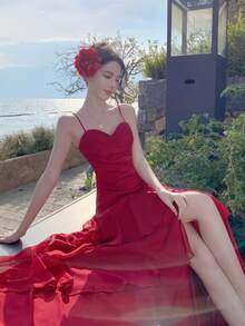 Spring/Summer Elegant Red Spaghetti Strap Dress French Chic Asymmetrical Ruffles Waist Slimming A-Line Dresses Suitable For Valentine's Day, Party & Wedding Guest - Red - View 10
