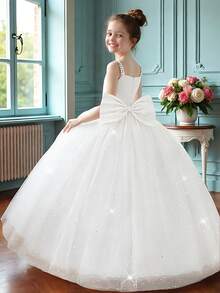 Váy dạ hội hở lưng đính ngọc trai giả, dây mảnh, lưới sequin cho bé gái tuổi teen, dự tiệc sinh nhật, dịp trang trọng, không bao gồm băng đô - trắng - Xem 1