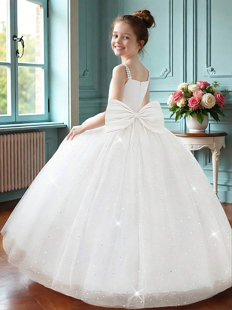 Váy dạ hội hở lưng đính ngọc trai giả, dây mảnh, lưới sequin cho bé gái tuổi teen, dự tiệc sinh nhật, dịp trang trọng, không bao gồm băng đô - trắng - Xem 1
