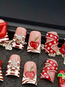 DUCK Nails: Cute Baroque Nail Art Look With 10pcs Y2K Shinning Metallic Duck Nails Acrylic Handmade Press On Nails French Tip Pink Nails Purple Nails Blue Nails Black Nails Red Nails With 3D Diamonds Butterfly Bow Love Handpaint Flowers Hexagram Waterdrops Ripples For Chiristmas Parties Or Holiday Suittable For Girls Or Women Wear With Free Gel Sticker Nail File. - Red - View 3