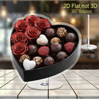 2D Acrylic Rotating Figurine - (Non-3D) Black Heart-Shaped Box Containing Red Rose And Assorted Chocolates, 360° Rotating Base, Indoor/Outdoor Romantic Gift For Anniversary, Valentine's Day, Home Decor, Elegant Design, High-Quality, Durable Material, Display