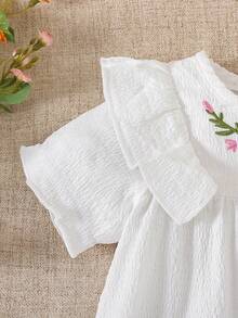 Baby Girl Solid Woven Dress, Soft Bubble Crepe, Floral Embroidery Round Neck Design, Ruffle Hem - White - View 7