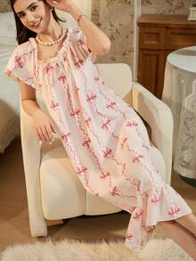 Vestido de dormir rosa con estampado de rayas y flores, volantes en el bajo y lazo decorativo - Rosa Fucsia - Ver 7