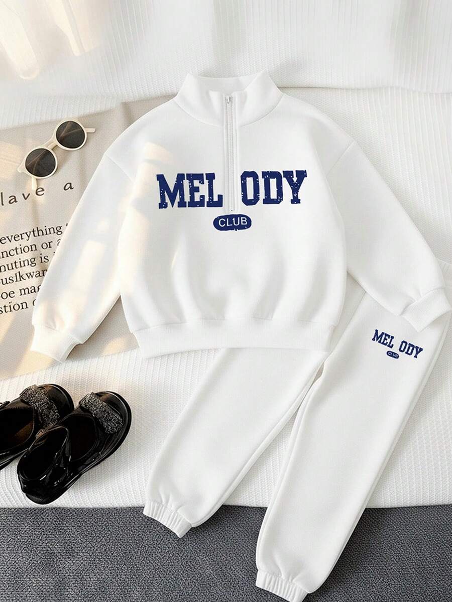 2pcs/Set Young Girl/Boys Autumn/Winter Long Sleeve Zip-Up Collar Sweatshirt And Sweatpants Set, Fashion, Skin-Friendly, Soft And Comfortable - White - View 1