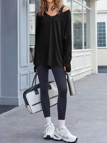 Women's Oversized V Neck Long Sleeve Workout Top Athletic Yoga Tunic Shirt With Thumb Holes - 黑色 - 查看 2