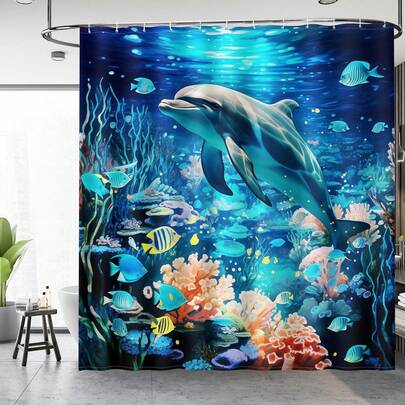 1 chiếc rèm tắm hình cá heo thế giới dưới nước tuyệt đẹp, rèm tắm hình cá và san hô dưới nước, phù hợp với nhiều kiểu trang trí phòng tắm, rèm trang trí phòng tắm đa năng, phụ kiện phòng tắm, rèm tắm bồn tắm.