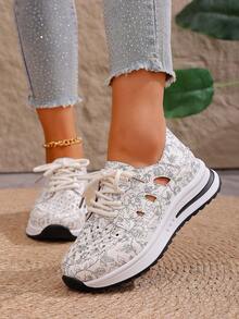 女士镂空网眼透气印花运动鞋，时尚百搭厚底系带舒适休闲鞋，夏季新品 - 白色 - 查看 5
