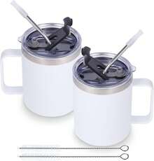 Volhoply - Taza de café con asa de acero inoxidable y aislamiento hermético, con tapa corrediza y popote, mantiene el frío y el caliente, tazas de campamento, 2 piezas, 355 ml, blanco - Violeta Verde - Ver 9