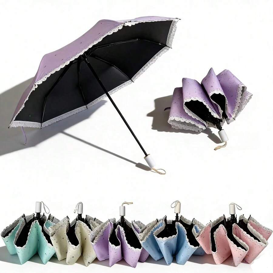 精致花卉蕾丝8根伞骨加固耐用旅行防晒折叠伞，春夏精选，伴娘礼物，房间/卧室装饰，海滩，旅行，男女皆宜，度假必备 - 彩色 - 查看 1