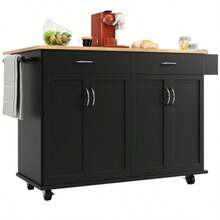 Modern Kitchen Island (106*50*90.5cm), Kitchen Cabinet, Sideboard, Dining Cart With Wood Grain, Buffet Cabinet, Multifunctional Dining Table With Storage Space, Black - Black - View 11