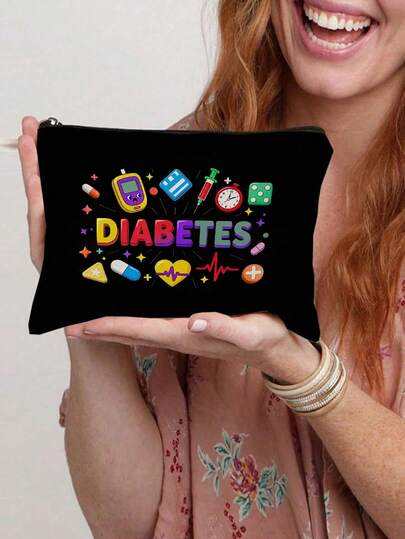 Portable Foldable Zipper Pouch, Insulin And Medication Icons - Washable Glucose Meter Accessories Case, Medication Bag, Unisex (Patients), Cosmetic Bag, Travel Toiletry Bag, Makeup Organizer, Diabetes