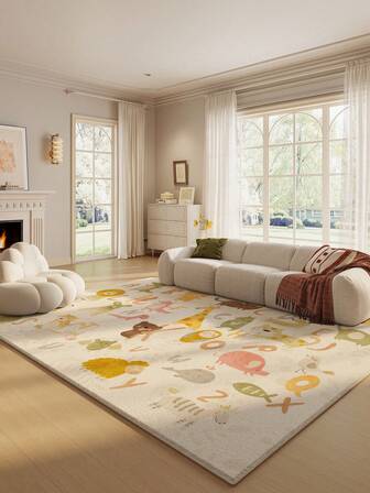 1 Piece Of Beige Cartoon Animal Letter Patterned Living Room Carpet, Made Of Imitation Cashmere Material, Area Rug, Suitable For Lobby, Rugs For Bed Room, Rugs Living Room, Bedroom Rug, Bathroom Rug, Kitchen Mat, Dining Room, Office, Room Decoration And Door Mat, Holiday Celebration.