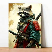 1pc Raccoon Samurai Canvas Wall Art Print, Japanese Warrior With Dual Swords And Red Sash, Vibrant Animal Art 2D Flat Print For Home, Office, Cafe, Bedroom, Living Room, Unframed - Multicolor - View 4