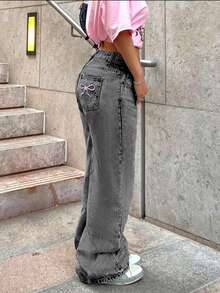 Quần jean denim thêu hình bướm, kiểu dáng cổ điển, thường ngày dành cho nữ tuổi teen. - Xám - Xem 5