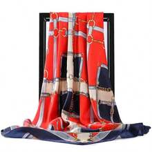 Women's Large Square Satin Scarf 90x90 Chic Polyester Printed - Blue / Red - View 3