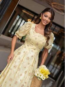 Elegant Luxury Short Dress With 3D Embroidery, Short Sleeves, And Cotton Design. - 黃色 - 查看 3