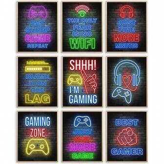 9pcs Neon Gamer Quotes Posters, Game Room Wall Art Decor, Modern Neon Gamer Decoration, Suitable For Living Room, Bedroom, Office, Game Room Bar Decor, Frameless, 8 X 10 Inches