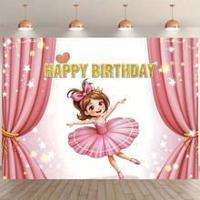 1 Princess Birthday Party Banner Background Cloth, Ballet Pink Curtain Theme Photography Backdrop, Happy Birthday Banner, Suitable For Cake Table Decoration, Home Garden And Living Room Decoration, Gift Matching, Home Wall Decoration, Birthday Party Decorations. - Multicolor - View 3