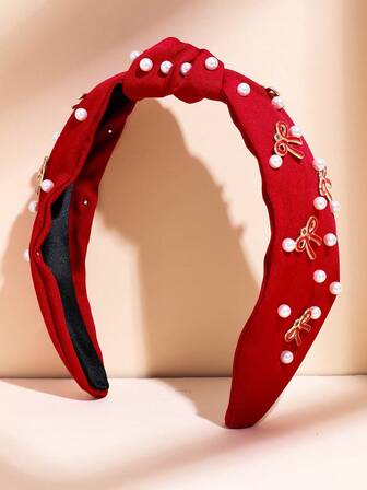 1 Pc Girls Red Knotted With Painted Bow Faux Pearls Hairband, Cute Top Knot Red Headband Hair Accessory For Festival Anniversary Parties And Daily Use
