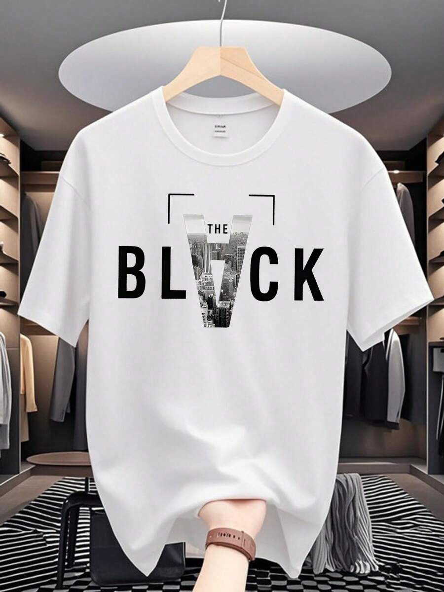 Men'S Short-Sleeve Shirt Made Of, Lightweight And Breathable, Featuring Printed Designs.This Creatively Illustrated T-Shirt With A Letter Theme Is Ideal For Travel, Summer, Beach Outings, And Everyday Casual Wear At HomeMinimalist Style Sweatshirt .,Mens Clothes,Shorts,Shirts,Men,Romwe - 白色 - 查看 1