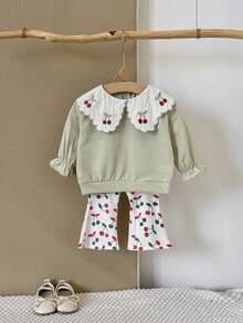 2pcs/Set Toddler Girls' Cherry Embroidery Peter Pan Collar Green Sweatshirt And Pants Set, Spring/Autumn - Mint Green - View 6