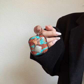 Fashionable Creative Asymmetrical Textured Blue & Coffee Color Contrast Splicing Resin Pentagram Square 3D Decorative Full Cover Earphone Case + Hanging Ring, Suitable Compatible With Airpods 4th/3rd/Pro/ Pro 2nd/2nd/1st/Pro 3rd Generation