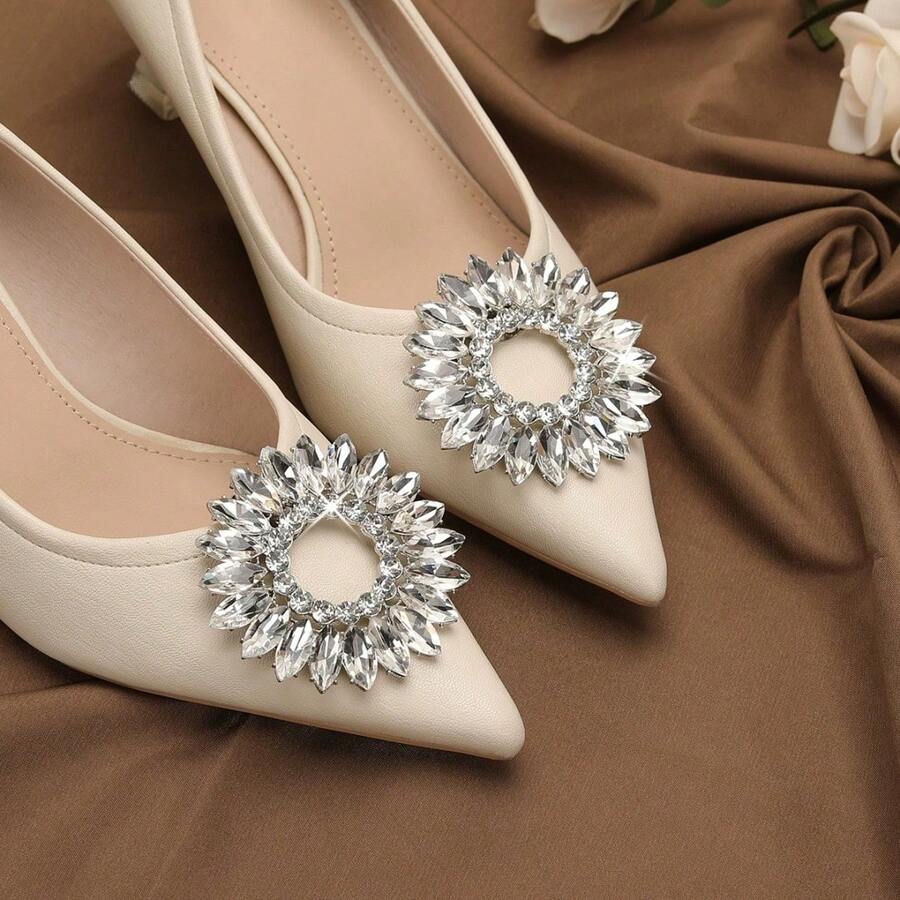 2个装女士时尚多功能水钻鞋夹 | 方形金属鞋花扣 - 闪亮水晶装饰，适用于高跟鞋、包包和衣服 | 多功能圆形水钻鞋/包夹 - 銀色 - 查看 1