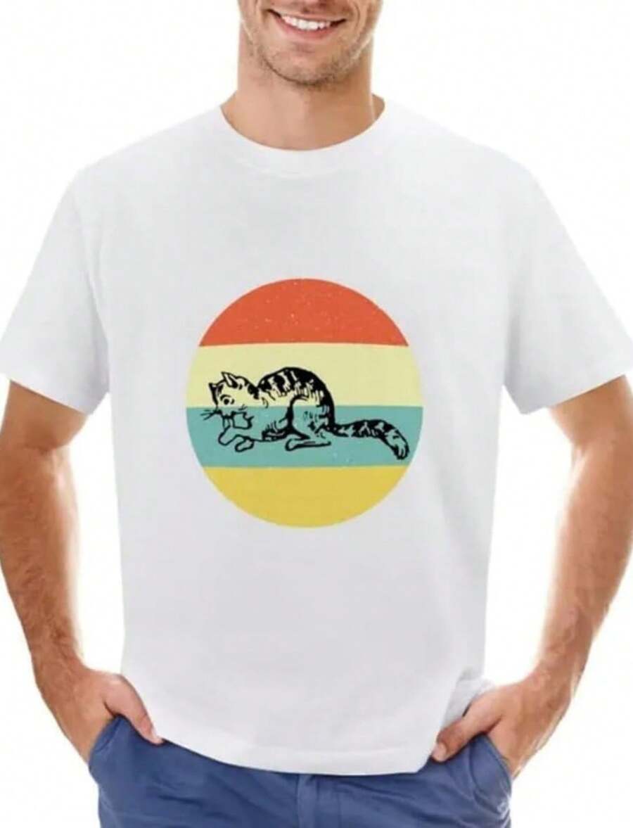Vintage Cute Cat T-Shirt Short T-Shirt Mens T Shirt 1 White - 白色 - 查看 1