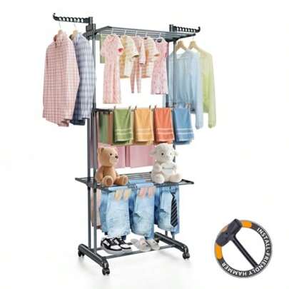 Clothes Drying Rack Foldable 4 Tier Clothes Airer Stainless Steel Clothes Horse With Two Side Foldable Wings Laundry Drying Rack For Indoor And Outdoor Use With Install-Friendly Hammer Grey