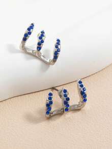 2pcs New Diamond Inlaid Minimalist Design Layered Curved Earrings For Women - Royal Blue - View 5