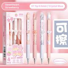 4pcs Erasable Gel Pens With Comfort Grip, 0.5mm Fine Tip, Black & Blue Ink - Cute Pastel Design With Bow & Strawberry Decor, Perfect For School, Exams, And Gift-Giving, School Stationery | Cute Gel Pens | Plastic Gel Pens, Pens For Writing