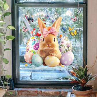 1pc Easter Bunny Bow Window Cling Decal, Includes Eggs, Butterflies & Flowers Pattern, Decorative Sticker For Bedroom, Dining Room, Study, Bathroom Door & Glass