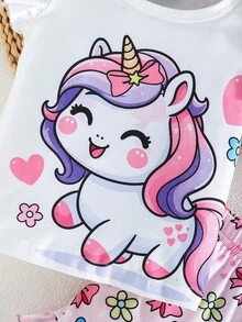 Baby Girl Summer Short Sleeve Ruffle Sleeve Unicorn & Bow Print Round Neck T-Shirt And Ruffle Hem Shorts Set - Pink - View 5