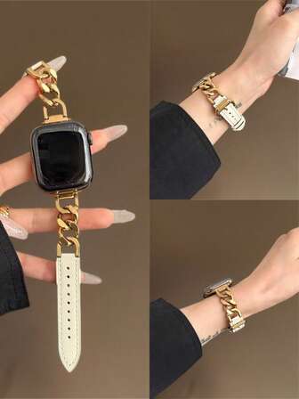 Snyggt Apple-inspirerat kedja- och PU-läderarmband med fritt justerbar storlek | Elegant design, kompatibel med Apple Watch Ultra/SE/serien 11/10/9/8/7/6/5/4/3/2/1 | Passar 38 mm 40 mm 41 mm 42 mm 44 mm 45 mm 46 mm 49 mm