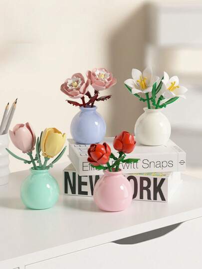 1件/846片人造永生花多肉植物手工花束DIY花瓶百合/菊花/玫瑰/扶桑/牡丹/向日葵/郁金香/栀子花3D拼图创意积木模型家居装饰桌面摆件，情人节、母亲节、生日礼物