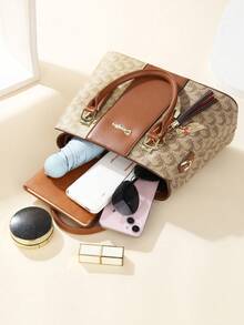 Set de 3 bolsos de mujer bordados - Estampado geométrico elegante, material de piel sintética y embrague - Marrón - Ver 5