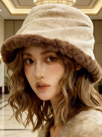 1 st fluffig hinkhatt med hörselskydd för kvinnor, varm och vindtät för höst/vinter, avslappnad och mångsidig fluffig hinkhatt