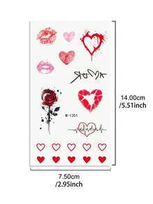 4 hojas de tatuajes temporales para el Día de San Valentín, con diseños de labios rojos sexys, rosas y corazones, tatuajes realistas, resistentes al agua y de larga duración, para niñas, parejas, citas, festivales de música, bodas y fiestas, tatuajes falsos - Multicolor - Ver 6