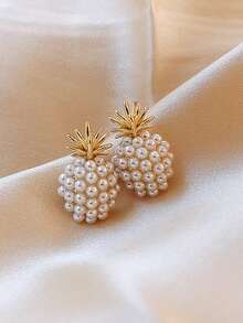 一对法式复古风、港式时尚、百搭高端的菠萝珍珠耳环 - 金黃色 - 查看 2