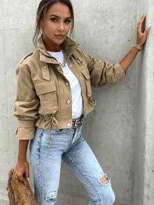 Women's Khaki Practical Short Jacket - Multi-Pocket Design With Adjustable Drawstring, Casual Belted Hunting Jacket - Màu Khaki - Xem 4