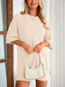 Women's Summer Clothes 2 Piece Sets Lounge Set Casual Oversized Shirts Biker Shorts Matching Airport Travel Sweatsuit Set Women Vacation Outfit Apricot Summer Brunch Outfits For Women - Màu be - Xem 5